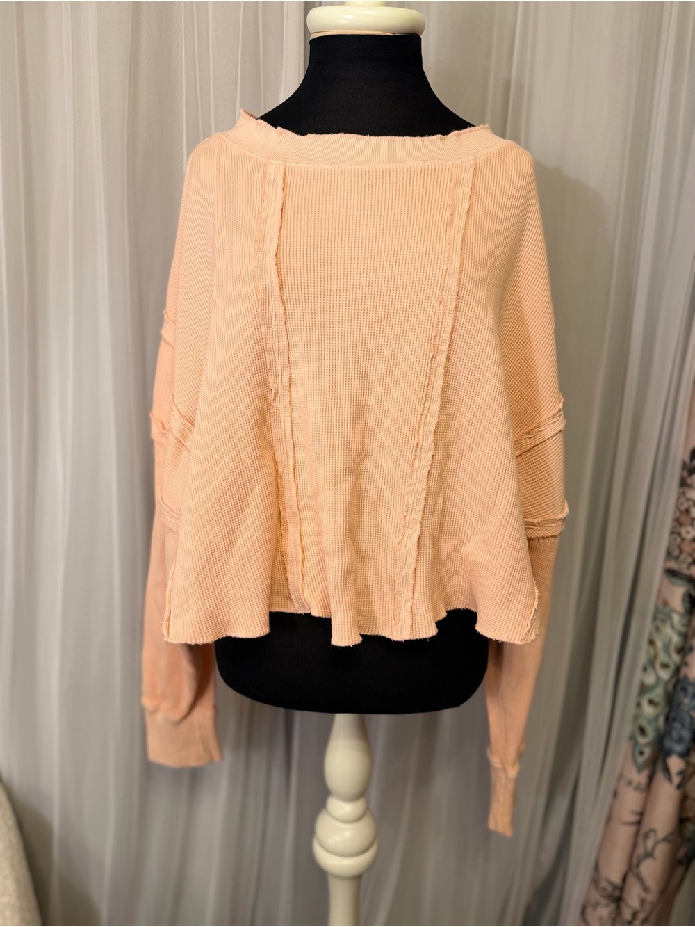 Free People We The Free Peach Waffle Knit Oversized Top Small NWOT Raw Seam